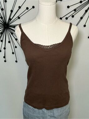 Marks & Spencer Brown Ribbed Tank Top Crochet Sequin Trim Cami Size US 10